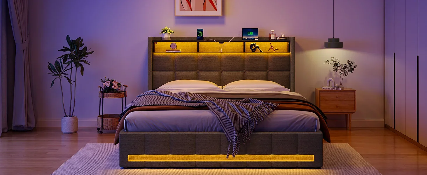 Description Picture 5 of itemBed Frame Queen Size with Lift Up Storage, Charging Station & LED Lights, Upholstered Storage Headboard, No Box Spring Needed,