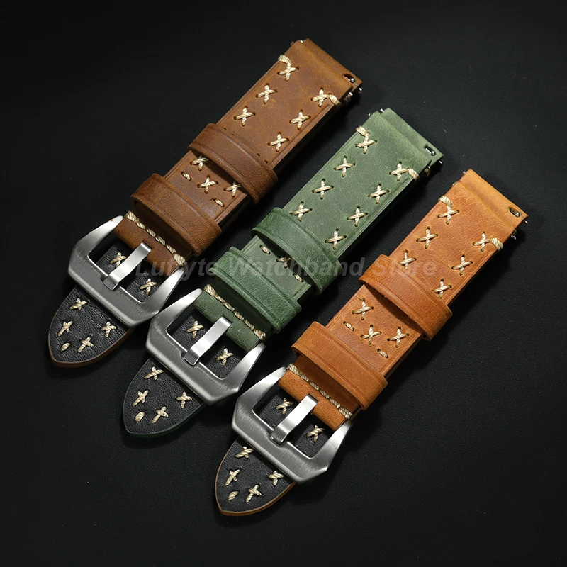 Elegant Crazy Horse Leather Watch Strap - Handmade, Thick, Stitched Replacement Band with Quick Release
