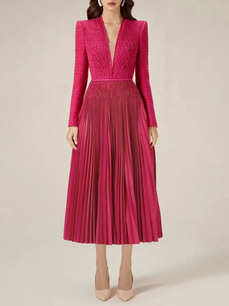 

NICEWOMEN Women's Fashion Dress V-neck Long Sleeved Handmade Knitted Pleated High Waist Design Heavy Duty Workwear 2023 Winter