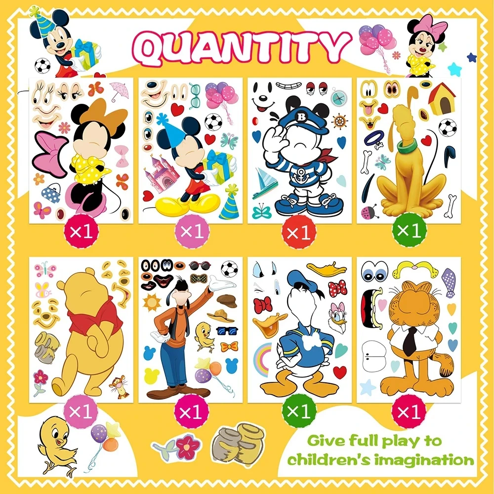 8/16Sheets Kawaii Disney Cartoon Mickey Mouse Make-a-Face Puzzle Stickers DIY Game Jigsaw Decals Kids Cute Reward Sticker Books