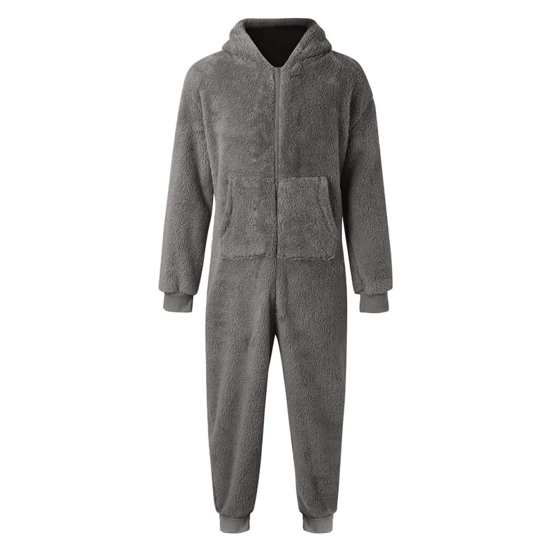Men's Hooded Pajamas Autumn and Winter Thickened Jumpsuit Hooded Clothing Fleece Zipper Front Full Length Jumpsuit Sleepwear men jumpsuits