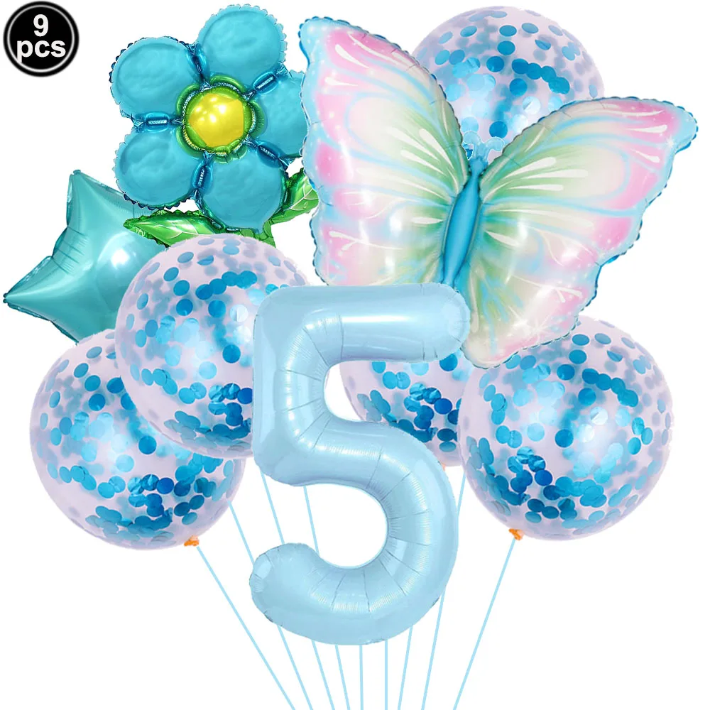 Blue Bow Themed Birthday Party Decoration Set - Balloons, Banner, Garland, & Cake Toppers
