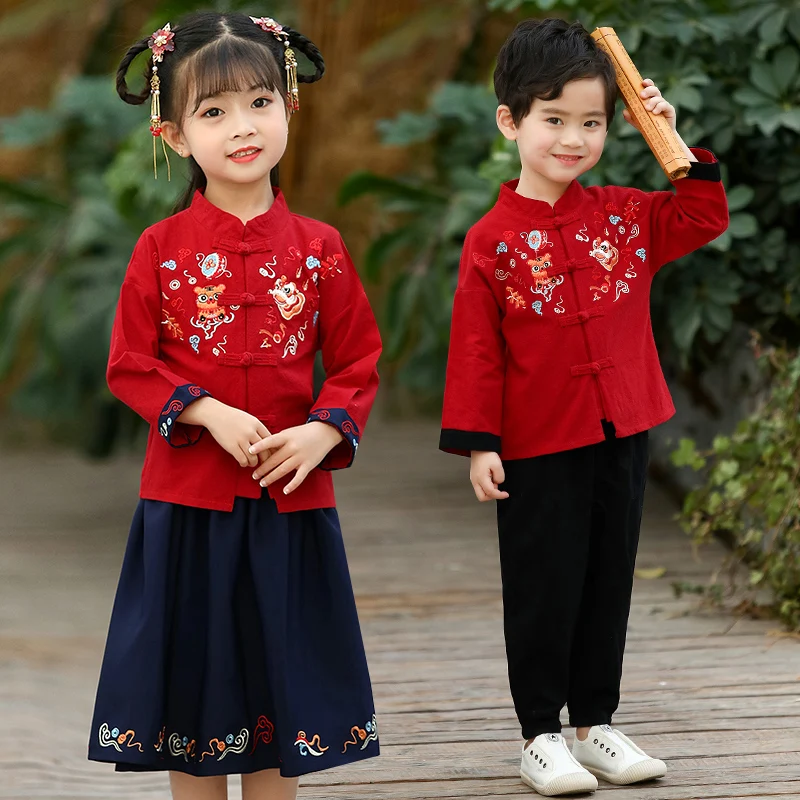 

2023 Boy Girl Chinese New Year Clothes Traditional Embroidery Tang Suit Kids Stage Party Festival Oriental Hanfu Clot for 2-12Y