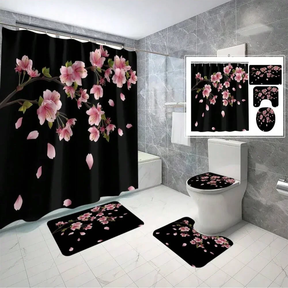 4pcs Modern style printing Shower Curtain Set With 12 Hooks, Anti-Slip Bathroom Mat, U-Shaped Toilet Rug, Bathroom Curtain Set 2