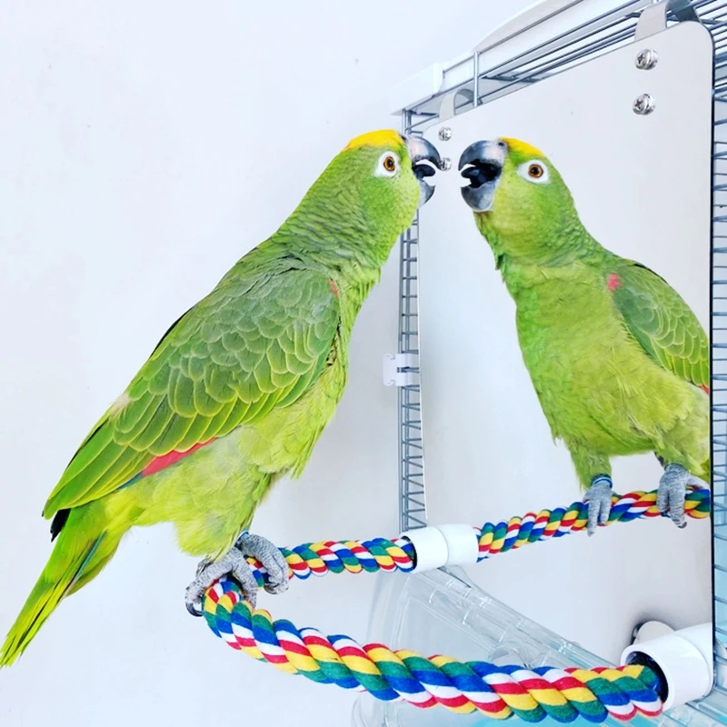 KX4B Acrylic Bird Mirror with Rope Perches Bird Swing Comfy Perch for Parakeet Cockatiel Conure Lovebirds Finch Canaries