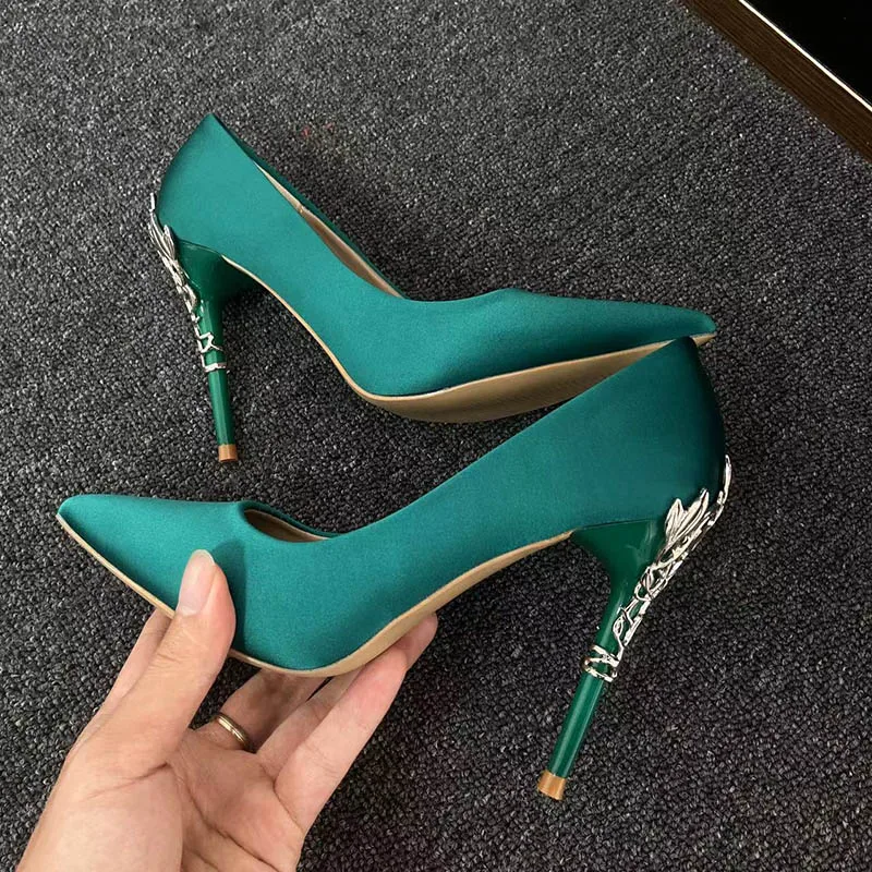 Luxury 10cm High Heels Woman Metal Carving Heels Satin Silk Dress