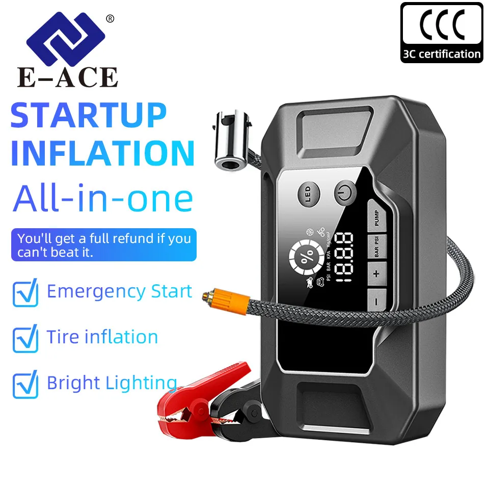 E-ACE150 PSI Fast Emergency Power Bank Car Clip Auto Igniter Jump Starter Tire Inflator Air Compressor USB Rechargeable