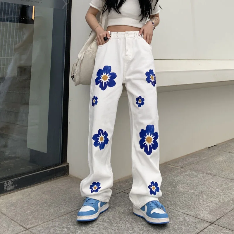 

Vintage High Waist Wide Leg Y2k Pants Women Korea Style Sweet Baggy Jeans Spring Summer Flowers Pattern Tidal Current Trousers