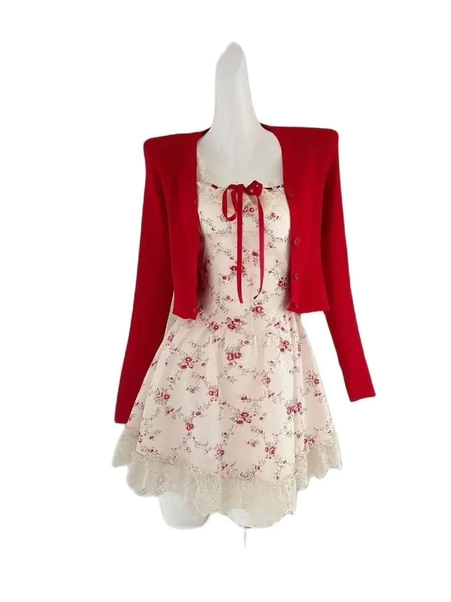 New Floral Dress Two Piece Set Women Red Knitted Cardigan +Cute Boho Mini Dress Female Print Casual Floral Dress Suit 2024