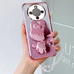 Custodia per telefono shockproof con supporto girevole a forma di coniglio e laccetto di cristallo