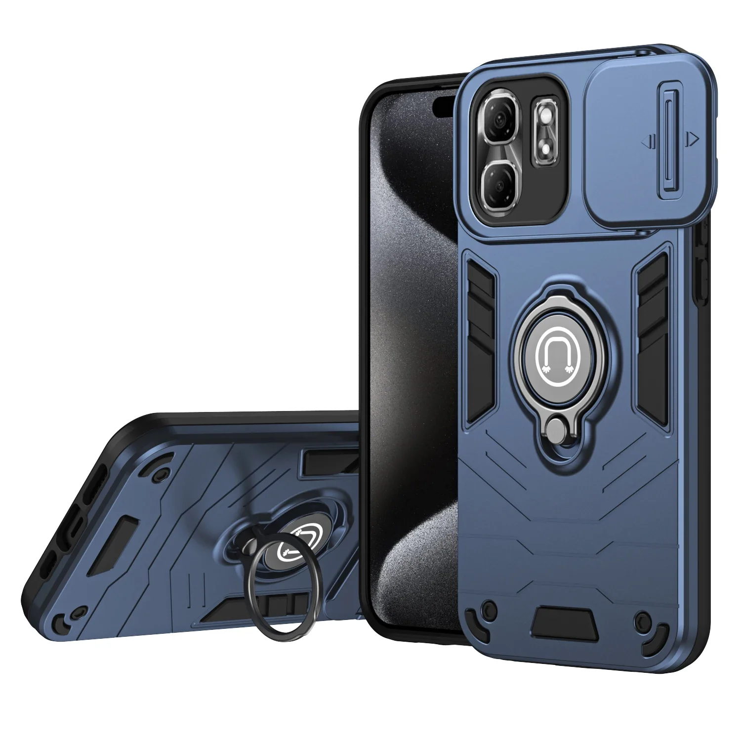 Rugged Armor Shockproof Phone Case with Sliding Window and Metal Ring Holder