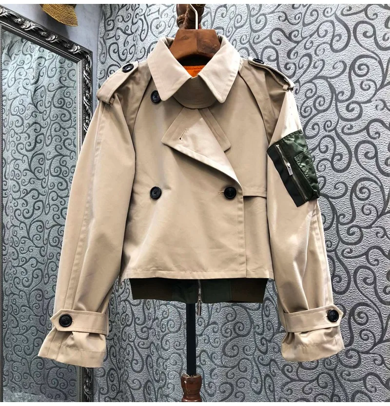 

2022 Autumn Winter Fashion Coats Outerwear Women Turn-down Collar Color Block Patchwork Long Sleeve Casual Khaki Black Coats