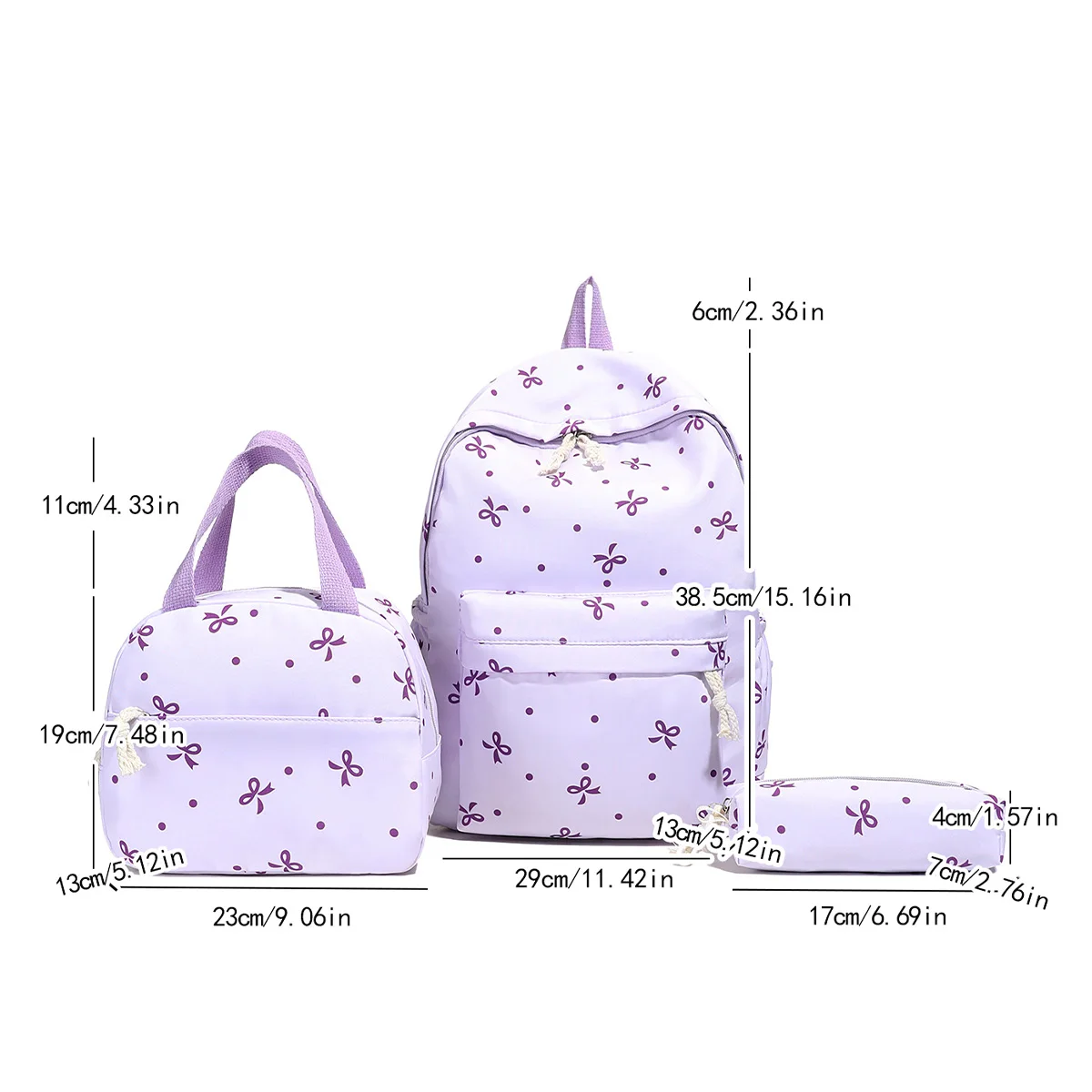 3Pcs Kawaii Nylon Backpack with Handbag & Pencil Case All-Match School Bag Cute Bowknot Backpack School Outdoor Backpack