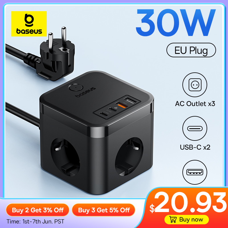  Baseus 30W Charger Fast Power Strip 3AC Outlet Desktop Charging Station With Surge Lightning Protection For iPhone 15 14 Tablets 