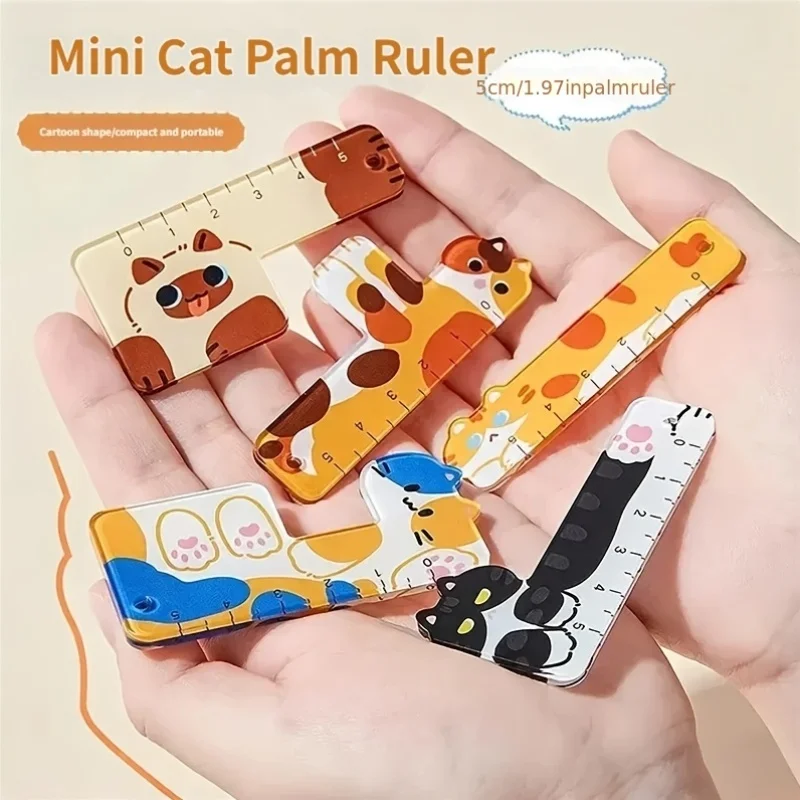 고양이 발 모양의 미니 자 5개 세트, 끈 포함, 휴대 편리, 열쇠고리로 사용 가능, 문구류 A3228