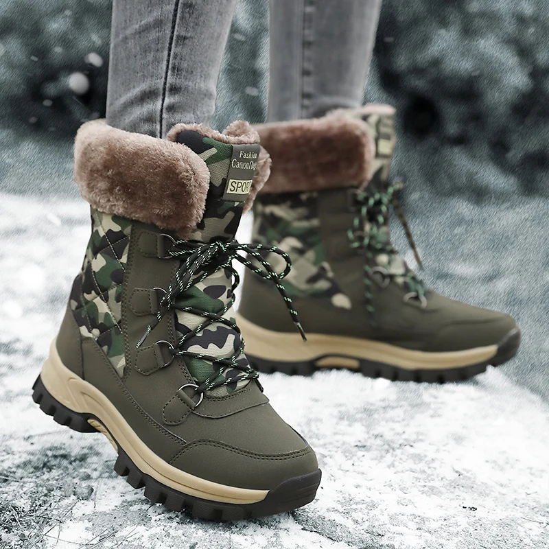 

Women Hiking Shoes Plush Fur Winter Warm Mountain Climbing Snow Boots Outdoor Trekking Camouflage Sneakers