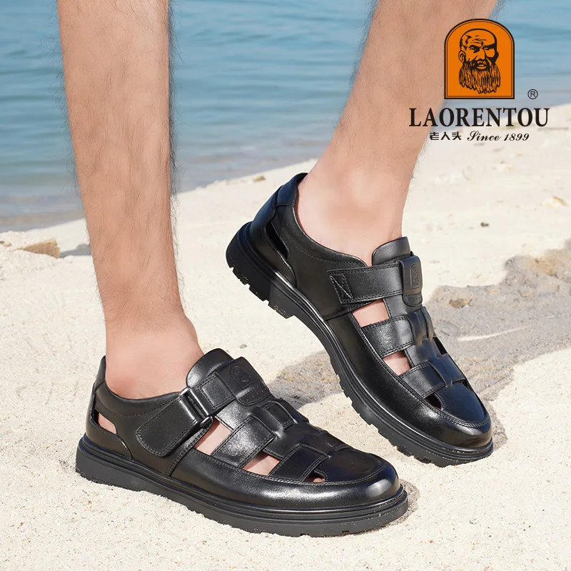 Men's Leather Sandals Breathable Hollow Hole Toe Wrapped Cowhide Anti-slip Wear-resistant Casual