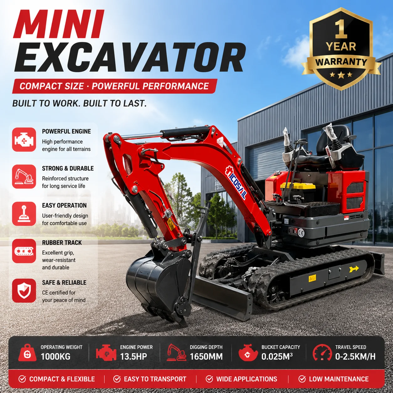 Minibagger 1,35 Tonnen Hydraulischer Raupenbagger für Landwirtschaft, Landschaftsbau und Kommunaltechnik