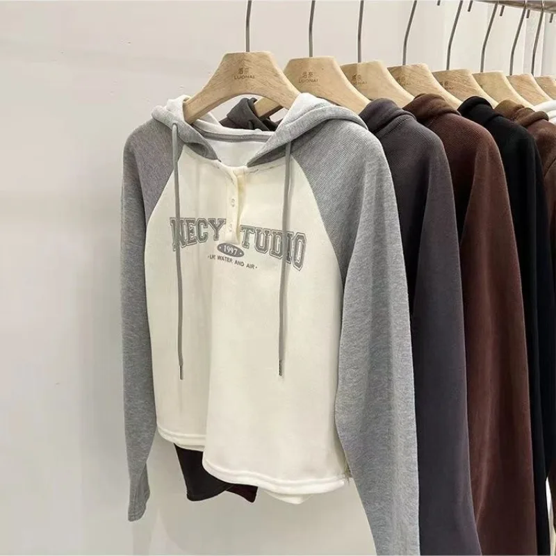 Autumn and Winter Women's Pullover Hooded Letter Printing Button Contrast Drawstring Sports Hoodies Fashion High Street Tops