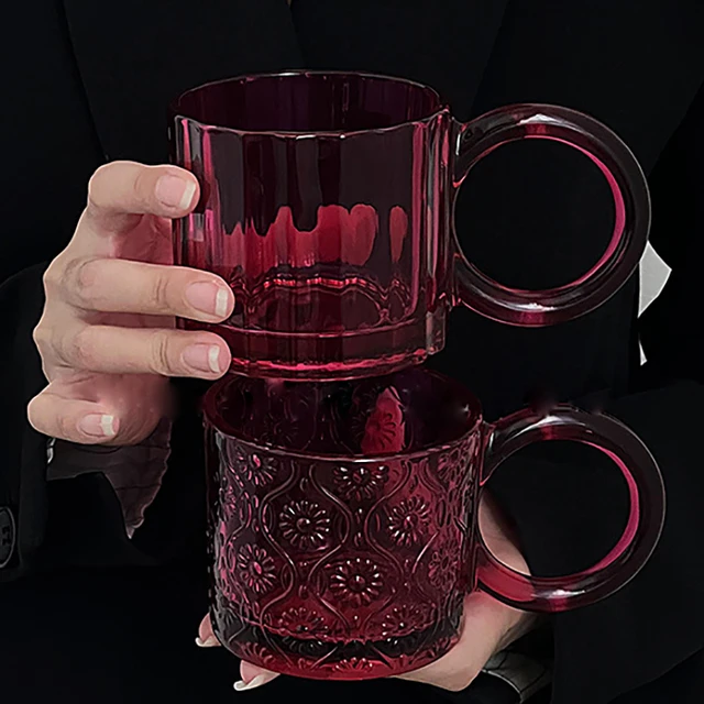 1pc Vintage Coffee Clear Mugs Vintage Glass Coffee Mugs Embossed Handle Mug  Design Sense Niche Coffee Cup Wine Red Glass - AliExpress