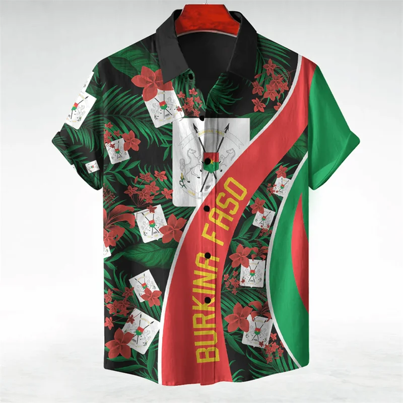Burkina Faso Flag Map Graphic Shirts For Men Clothes Casual Hawaii Short Sleeve Shirt Africa Country Blouses National Emblem Top 2