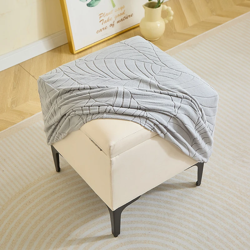 Jacquard Square Ottoman Stool Cover Elastic All-inclusive Footrest Slipcovers Living Room Anti-dust Footstool Case Pouf Covers 4
