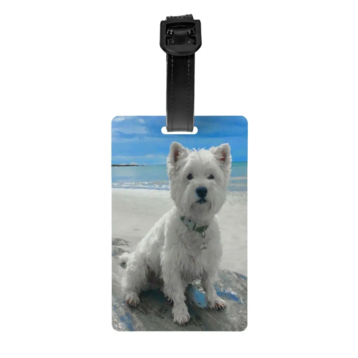 

Бирка для багажа Westie с щенком на пляже для чемоданов West Highland White Terrier Dog