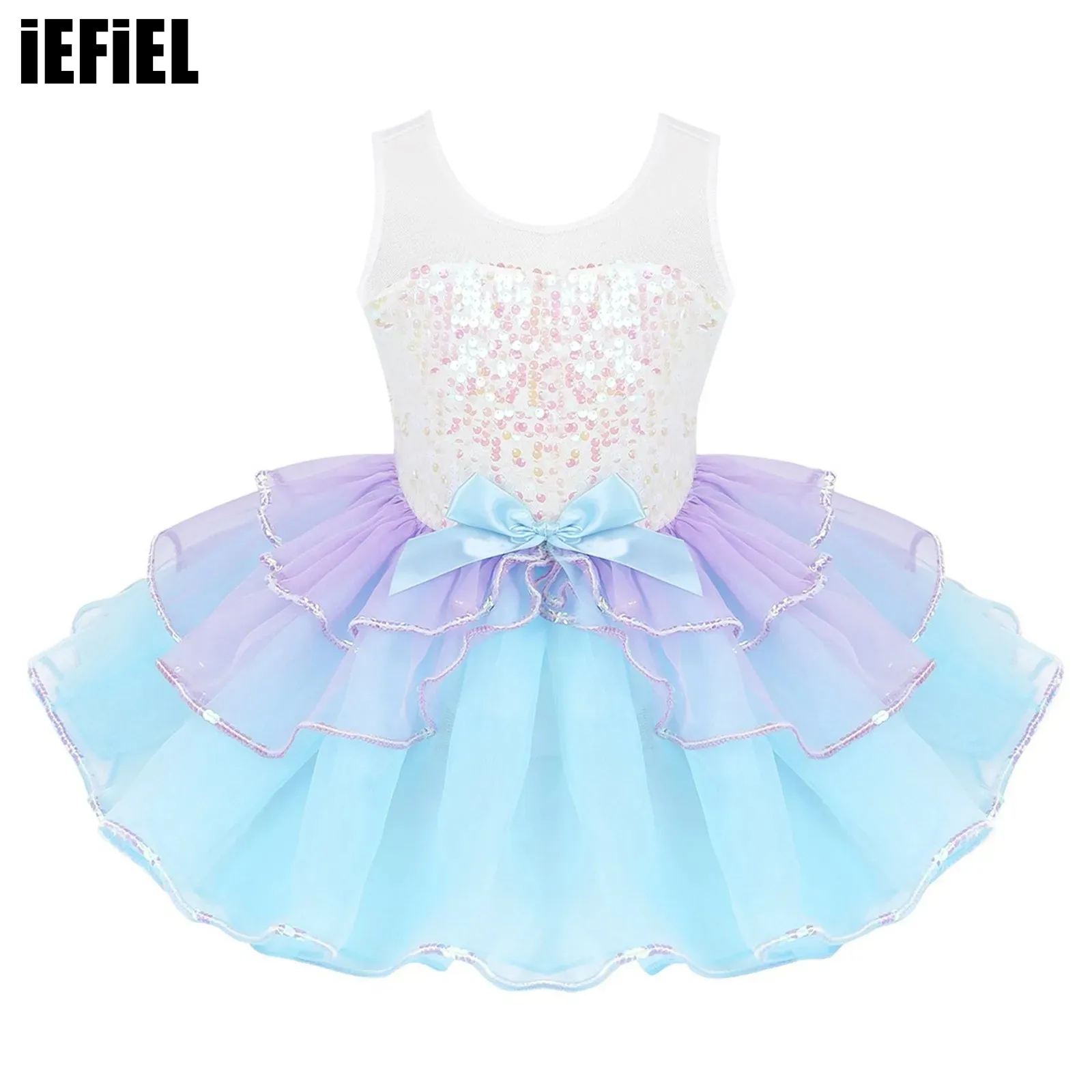 

Kids Girls Shiny Sequins Tutu Dance Dress Mesh Splice Bowknot on Waist Ballet Dance Gymnastics Leotard Dancewear