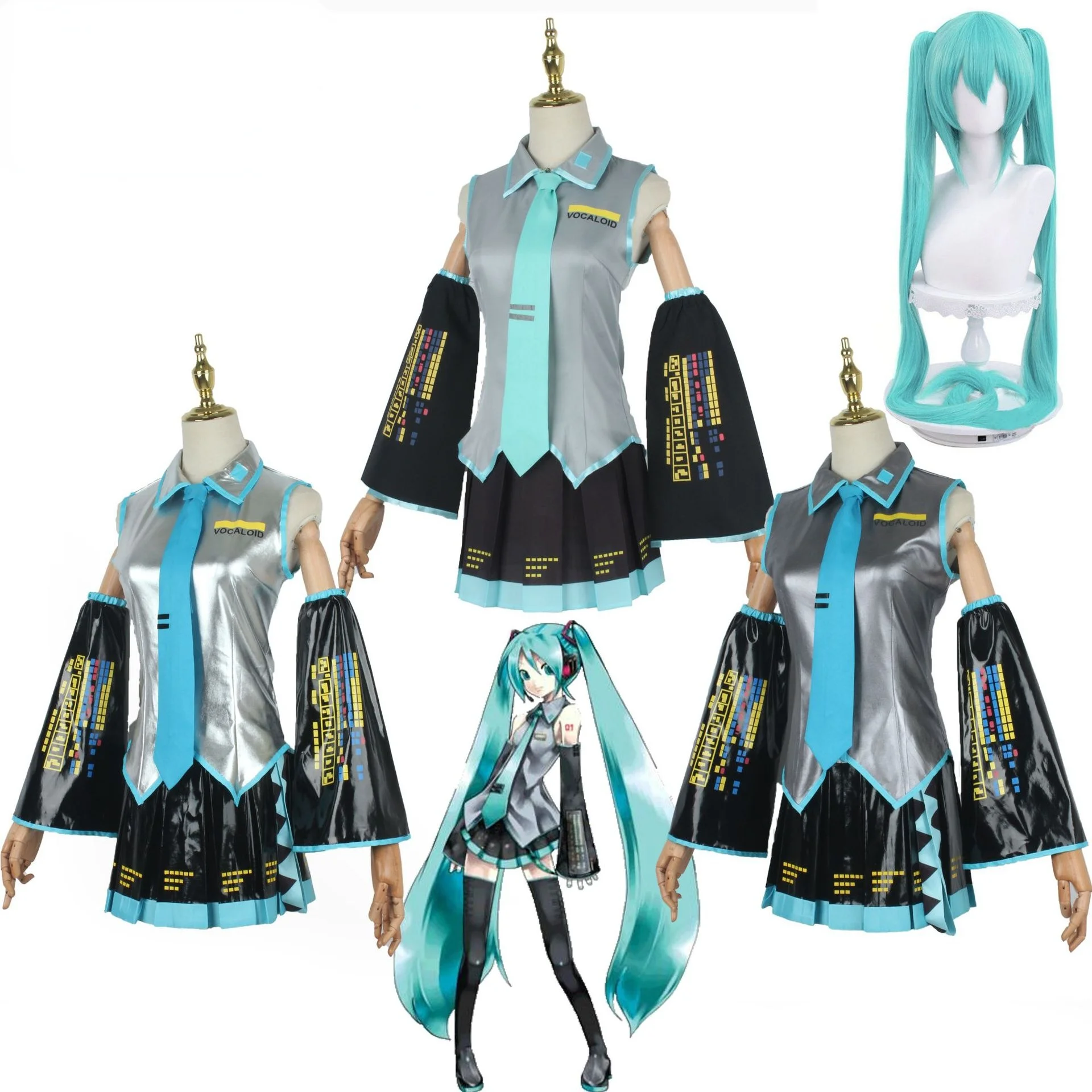Vocaloid Miku Cosplay Wig Costume Japan Midi Dress Beginner Future Female Halloween Women's Men size |