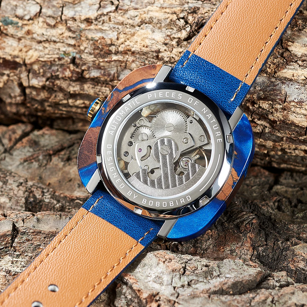 BOBO BIRD Men's Watches Mechanical Watch Wood&Resin Leather Straps Wristwatches Gift With Wooden Box For Men Custom
