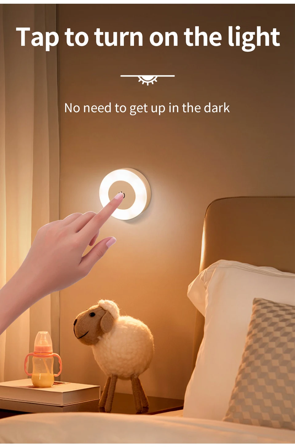6CM Rechargeable LED Night Light with Touch Switch Magnetic Round Wall Lamp 3 Colors Dimmable Bedroom Cabinet Stairs Night Lamp