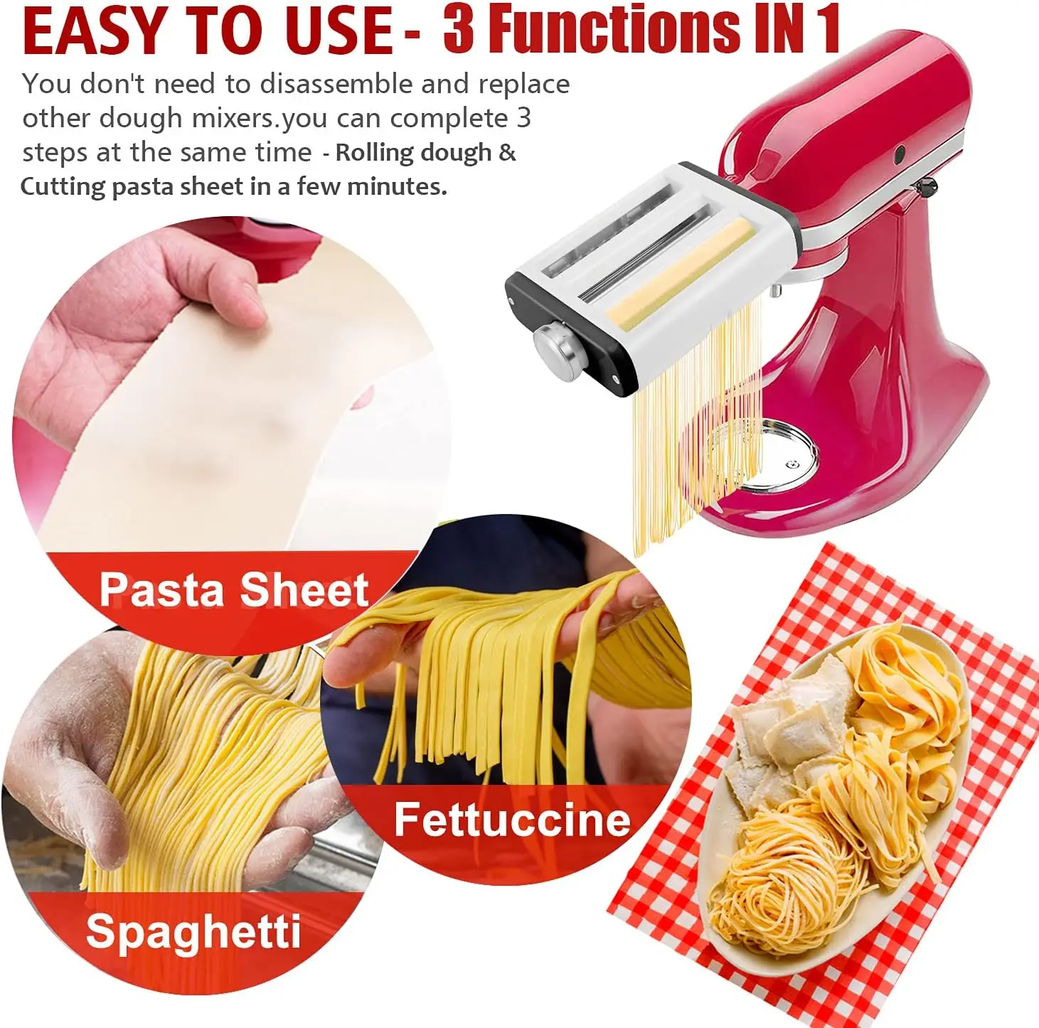 Pasta Maker Attachment for All Kitchenaid Stand Mixers,Noodle Ravioli Maker  3 in 1 Pasta Attachments Includes Dough Roller,Spaghetti Fettuccine