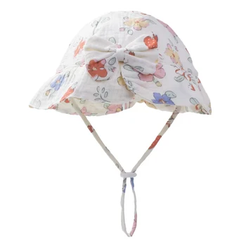 3-24M Children Hat for Girls Panama Bowknot Cap Floral Prints Baby Bucket Hat Toddler Outdoor Fishing Hat Cotton Kids Sun Hats