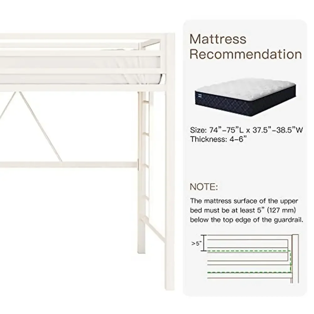 Twin Size Loft Bed Metal Frame with Safety Guard Removable Ladder Space-Saving Design Stain Resistant Modern Style Easy Assembly