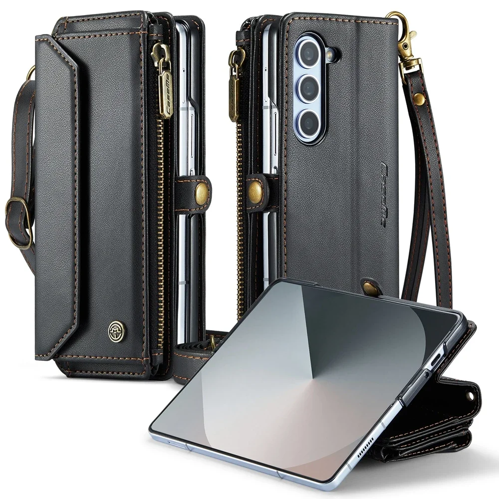 Crossbody Leather Wallet Phone Case with Stand and Shockproof Magsafe Flip Cover, featuring Lanyard Wristband.