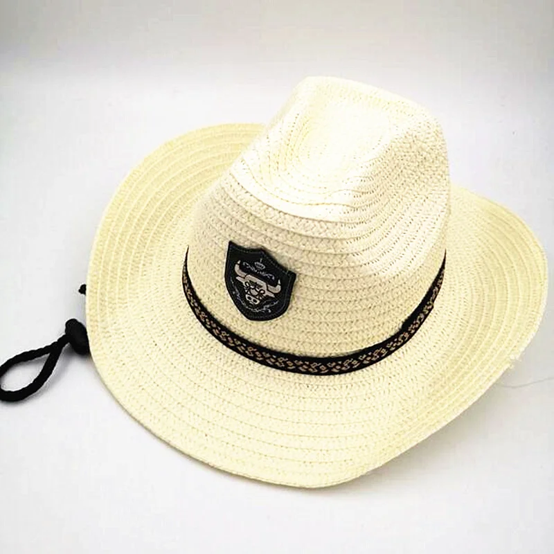 Summer Men Bull Badge Cowboy Straw Sunhat With Rope Jazz Hats Western With Wide Brim Caps Sun Protection Fedora Cap For Man 4