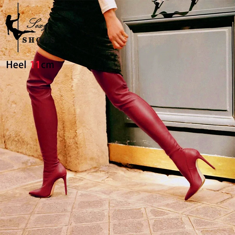 Wine red Sexy High Heels Stretch Leather Over-the-Knee Women's Boots Pointed Toe Thigh High Long Boots Slip-On Feminina Shoes