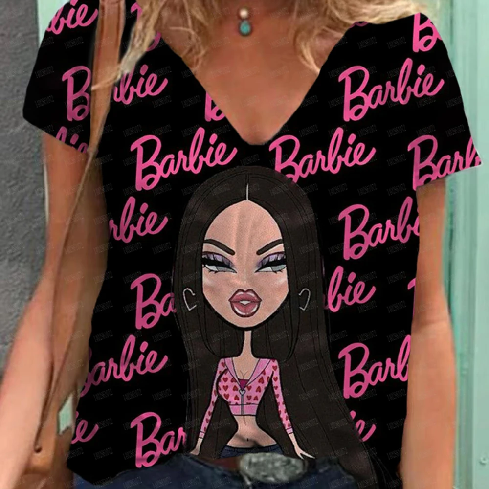 thumbnail image 1 of Camiseta de verano 2024 para mujer, camiseta de manga corta con cuello en V y estampado de princesa Barbie en 3D, camiseta de moda de talla grande para mujer, camiseta Y2k para mujer, 1 of 5