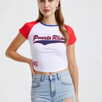 2026 Summer Puerto Rico Y2K Baby Tee Slim Fit T-shirt Women's Sexy Short Sleeved O-neck Basic Sports Casual Style Crop Tops 1