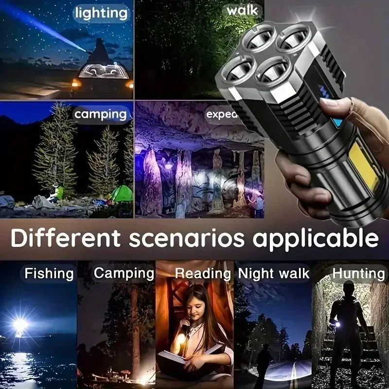 Hand Lantern 4 Lighting Mode Portable High Power Rechargeable Durable LED Flashlights Camping Torch With 4 Lamp Beads Side Light