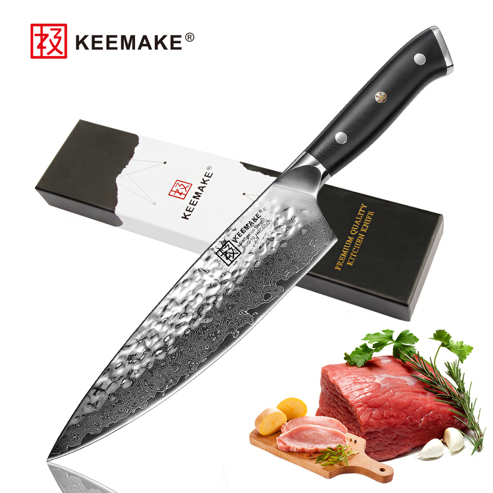 KEEMAKE Damascus Chef's Knife 8 Inch Ultra Sharp Vegetables Meat Cutting Knife High Carbon AUS-10 Damascs Steel Kitchen Slicer