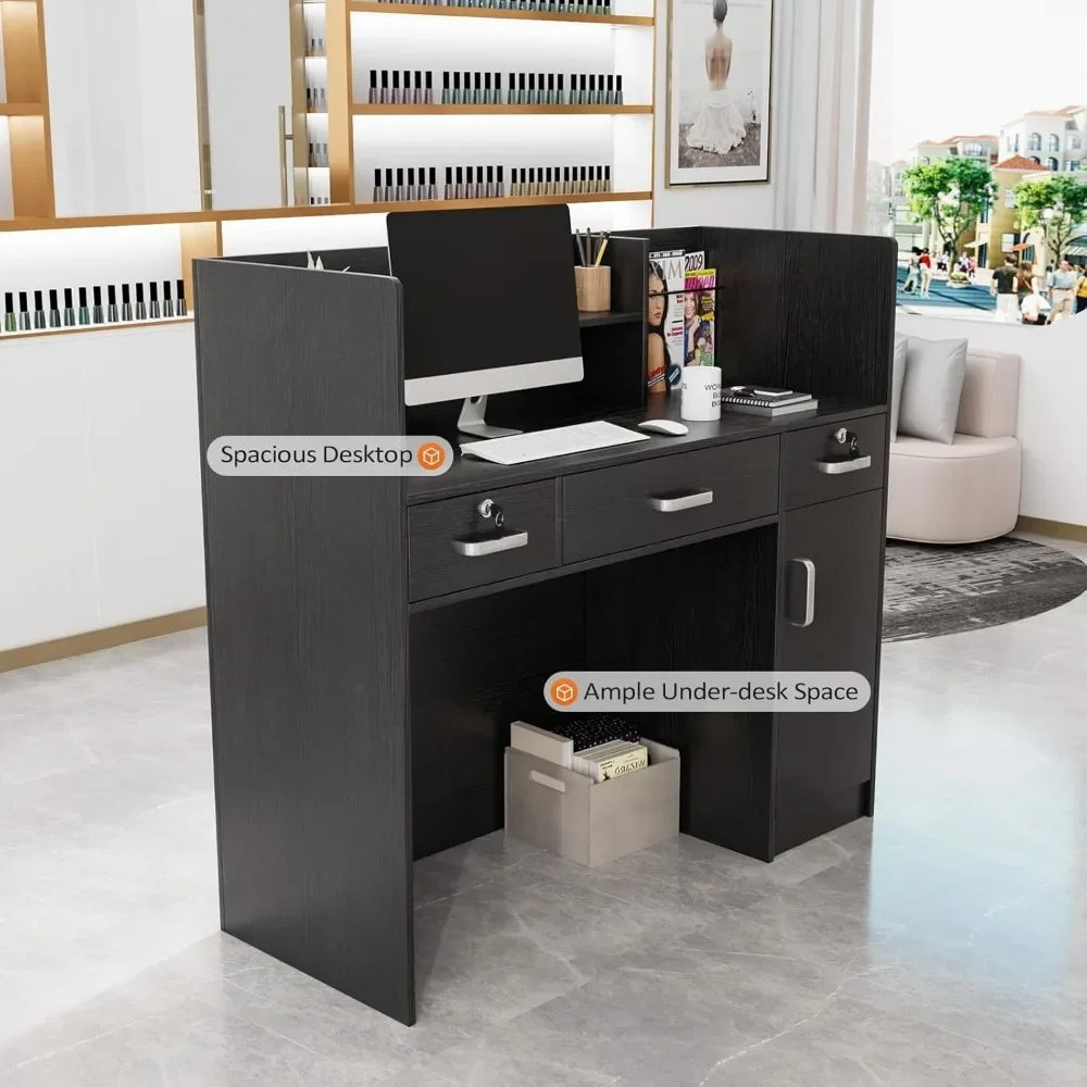 Modern Reception Desk with Counter and Storage Shelves Reception Room Desk (Black)  18.9"D x 43.7"W x 47.2"H 3