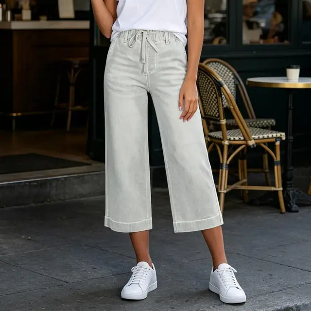 Cropped Pants for Women, High-Stretch Denim Wide-Leg Trousers, Drawstring Waistband Casual Summer Pants Denim Jeans Women 4