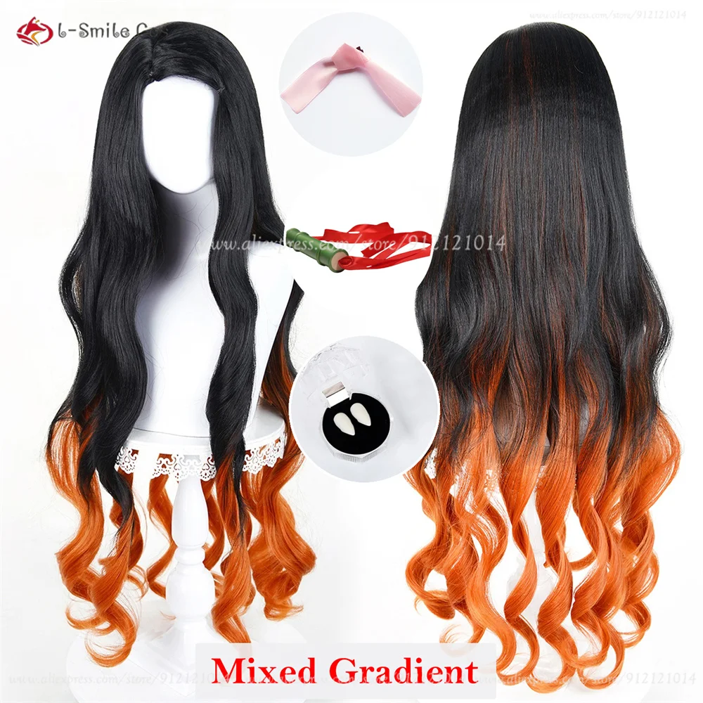 Kamado Nezuko Cosplay Perücke 100cm Gradient Curly Heat Resistant Synthetik Haar Anime Halloween 9