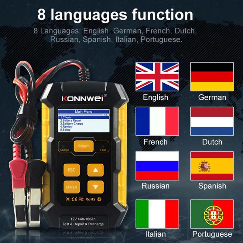 Полностью автоматический тестер автомобильных аккумуляторов KONNWEI, 12 В, KW510, импульсный ремонт, 5 А, зарядные устройства, влажная сушка, AGM Gel, свинцово-кислотные Инструменты для ремонта автомобиля