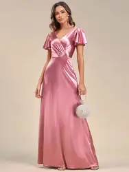 Elegant Evening Dresses V-Neck Fit Floor Longth Ruffles Sleeve Satin 2024 Ever Pretty of A-Line Orchid Bridesmaid dress Women
