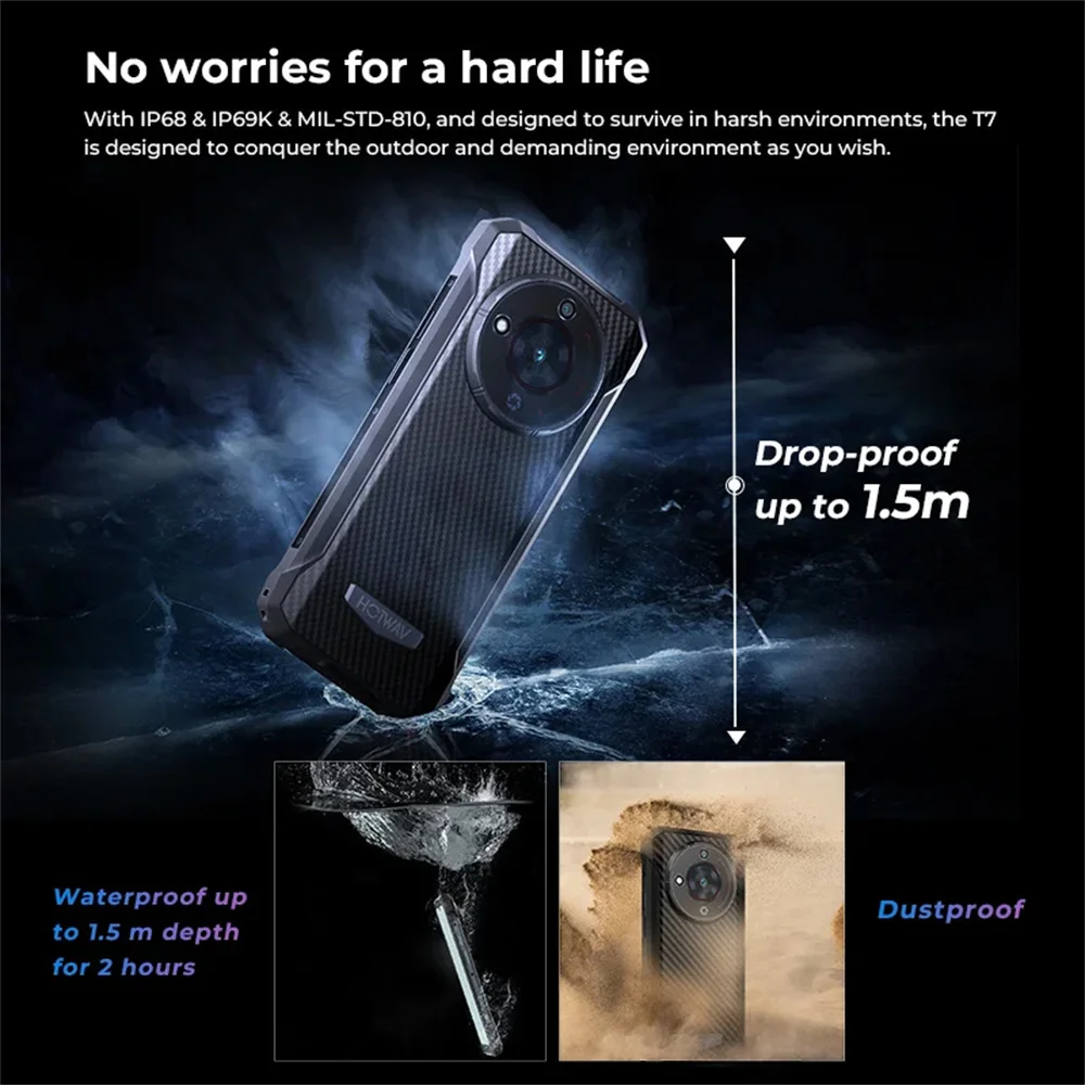 HOTWAV T7 Waterproof Rugged Smartphone 6.52Inch HD+ Octa Core 4GB+128GB Android 13 Mobile Phone 21MP Rear Camera 6280mAh Battery
