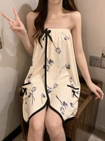 Sexy Rose Print Cotton Batobe Women's Che Nightgown with Headscarf Home Clothes Bla Strapl Towel Length Mid-Thigh