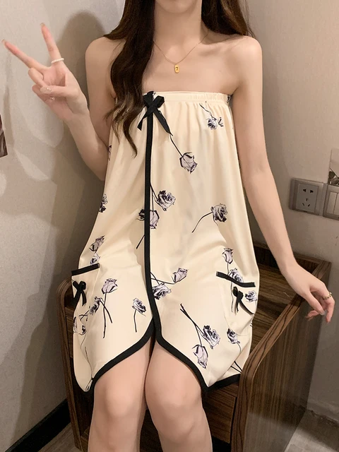 Sexy Rose Print Cotton Batobe Women's Che Nightgown with Headscarf Home Clothes Bla Strapl Towel Length Mid-Thigh