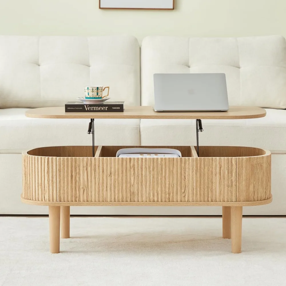 Fluted Lift Top Coffee Table with Hidden Compartment, Fully Assembled Wooden Center Table, Modern Oval Lift Tabletop 6